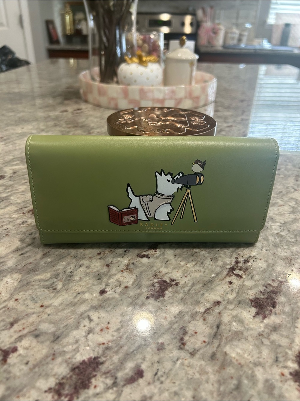 Radley Green Leather Clutch Wallet with Dog Illustration